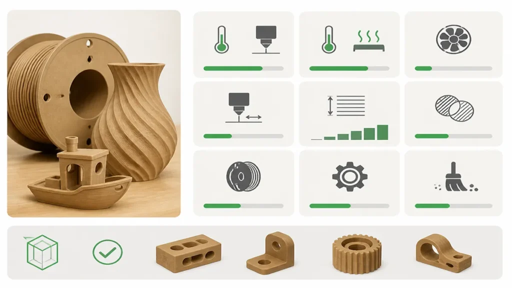 Wood filament settings: 0.4-0.6mm hardened nozzle, 190-220C, slow speed, dry before printing