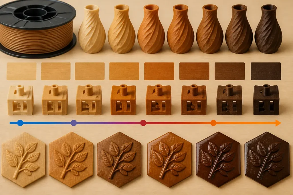 Cooler printing gives lighter wood tones, hotter gives darker tones; sand and stain to finish