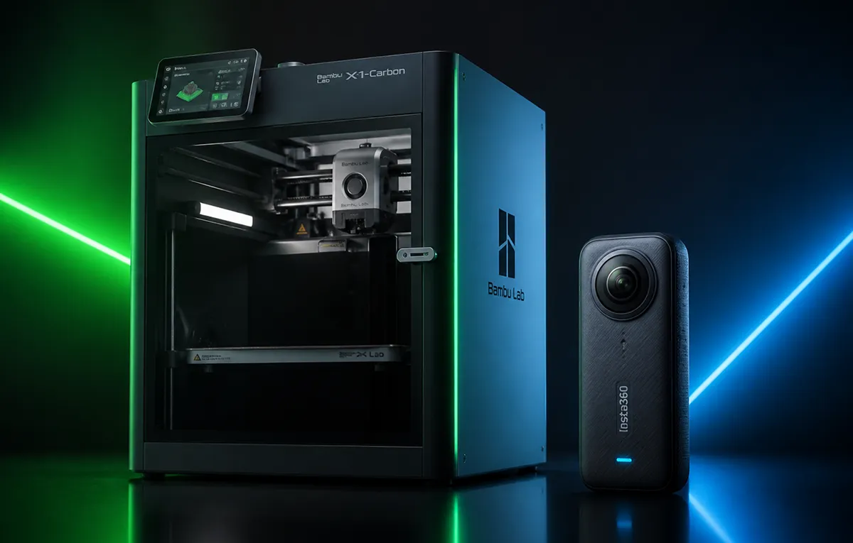 A Bambu Lab 3D printer and an Insta360 action camera displayed side-by-side on a dark studio background with dynamic lighting, representing the design contest prizes.