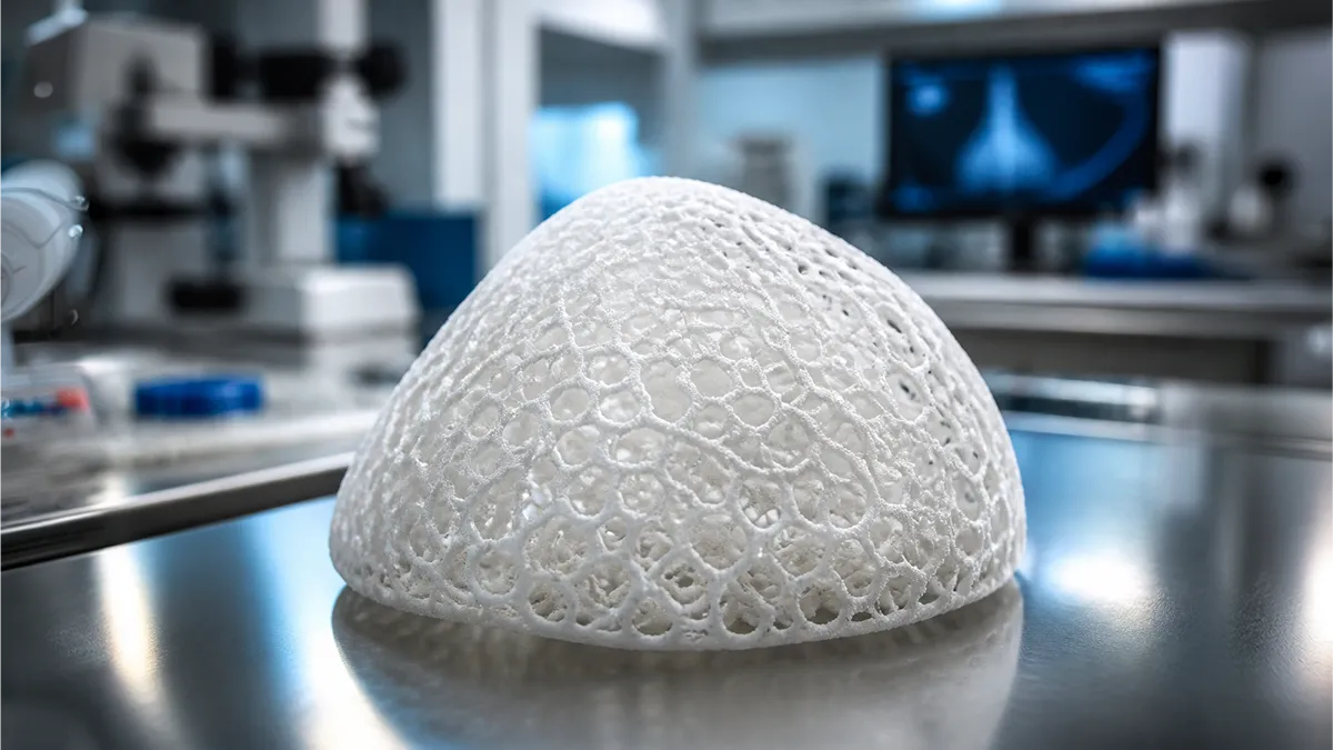 Macro photograph of a BellaSeno 3D-printed resorbable breast scaffold made of polycaprolactone, showing a porous geometric lattice structure on a medical lab table.
