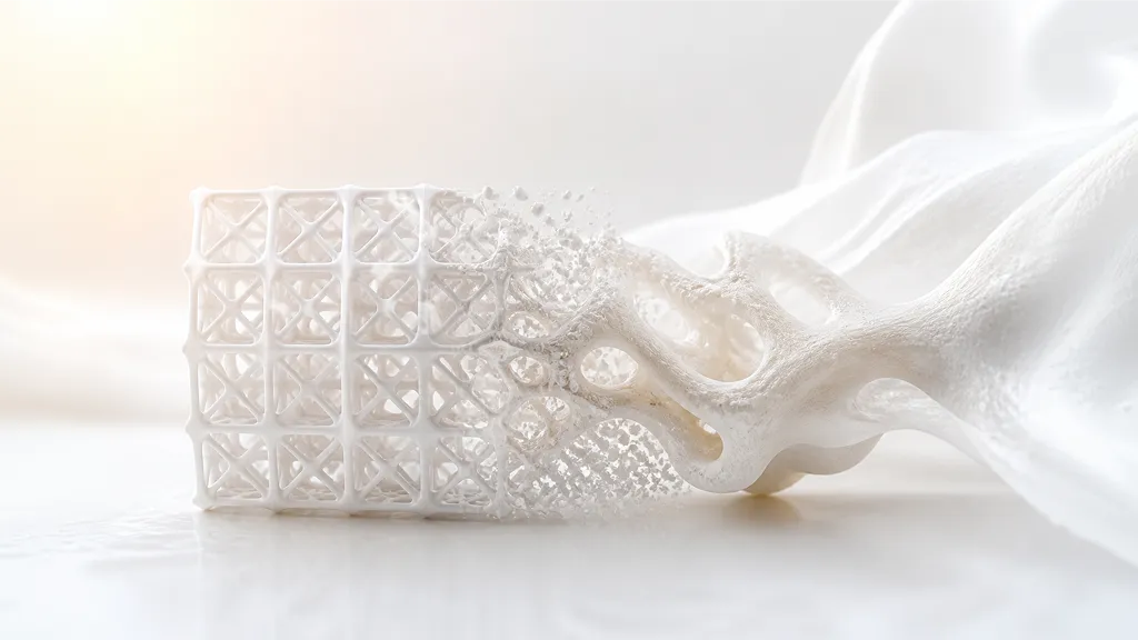 Conceptual representation of the bio-resorption process where a 3D-printed geometric structure gradually dissolves and is replaced by natural organic forms.
