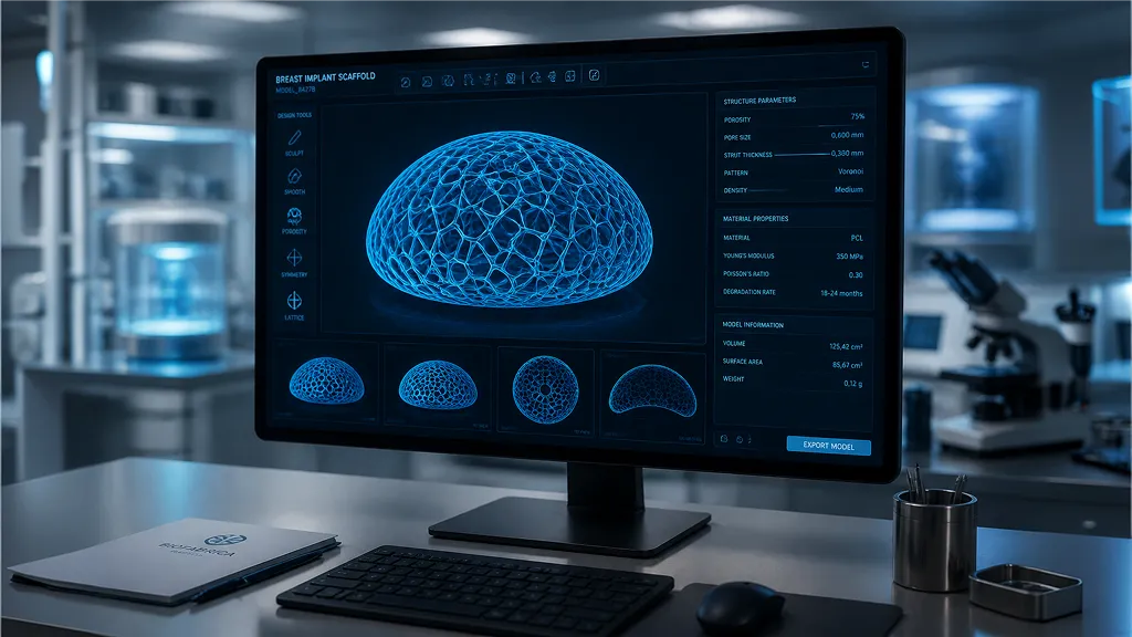 Medical laboratory monitor displaying 3D CAD modeling software, illustrating the customization process of a breast scaffold geometry for specific patients.