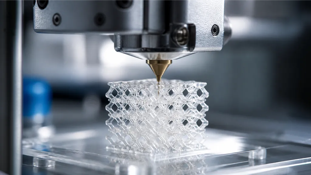 Close-up of a 3D printer nozzle extruding polycaprolactone filament to create a precise geometric lattice structure, demonstrating medical applications of FDM technology.