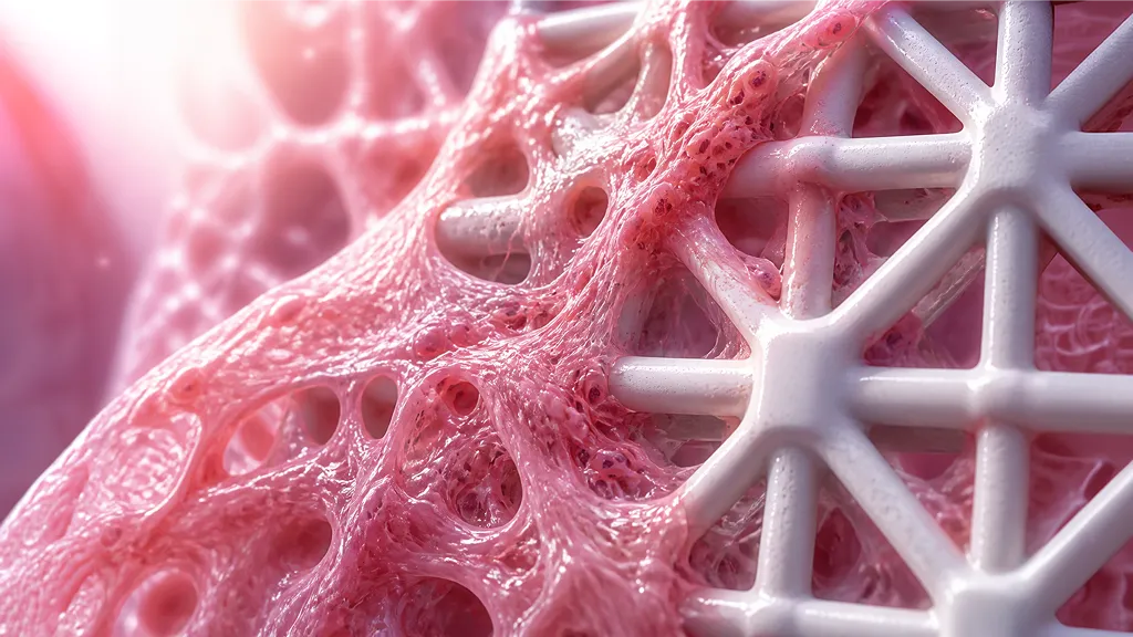 Conceptual illustration showing natural human tissue regenerating and seamlessly integrating into the porous matrix of a 3D-printed polymer scaffold.