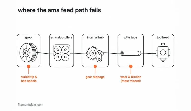 Diagram of the Bambu AMS feed path showing where jams happen: spool, internal hub and PTFE tube