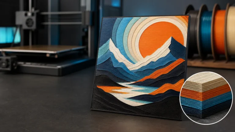 Layered HueForge filament painting beside a 3D printer and four PLA spools