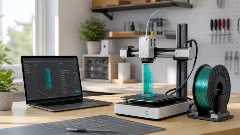Bambu A1 Mini printing a teal PETG part beside a filament profile screen