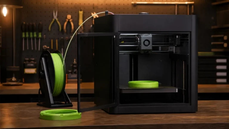 Lime flexible TPU part printing inside a dark enclosed Bambu P1S-style 3D printer fed by an external spool