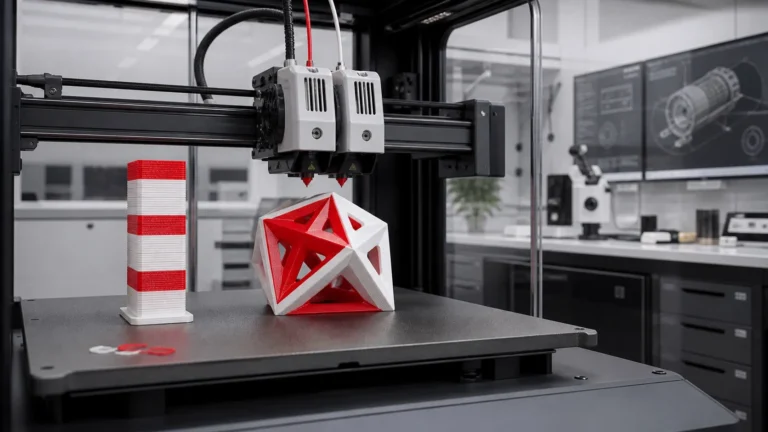 Red and white dual-nozzle X2D-style 3D printer producing a multicolor part beside a compact purge tower
