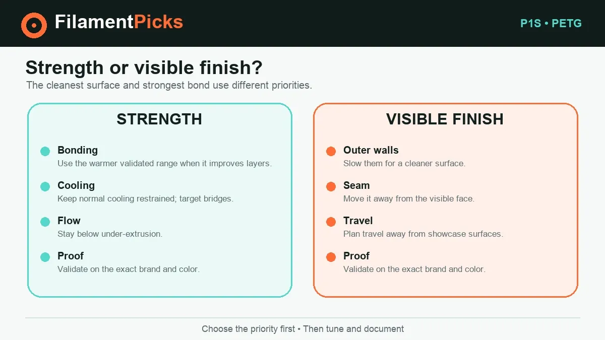 Bambu P1S PETG infographic comparing strength settings with visible-finish priorities.