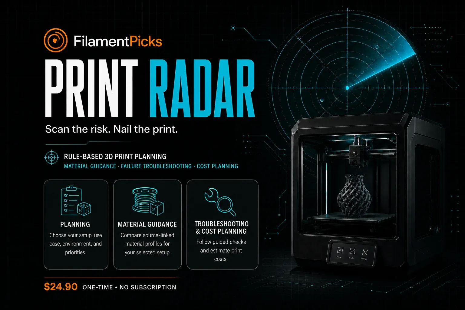 FilamentPicks Print Radar rule-based 3D print planning and troubleshooting software