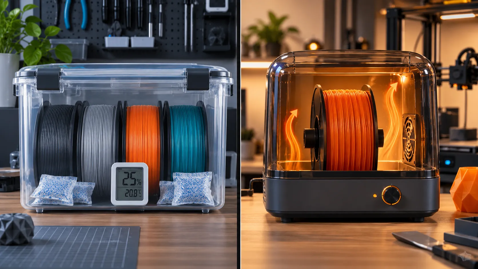 SUNLU FilaDC i10 storage cabinet compared with a heated filament dryer