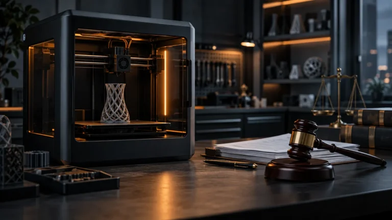 Stratasys Bambu Lab verdict represented by a desktop 3D printer and judge's gavel